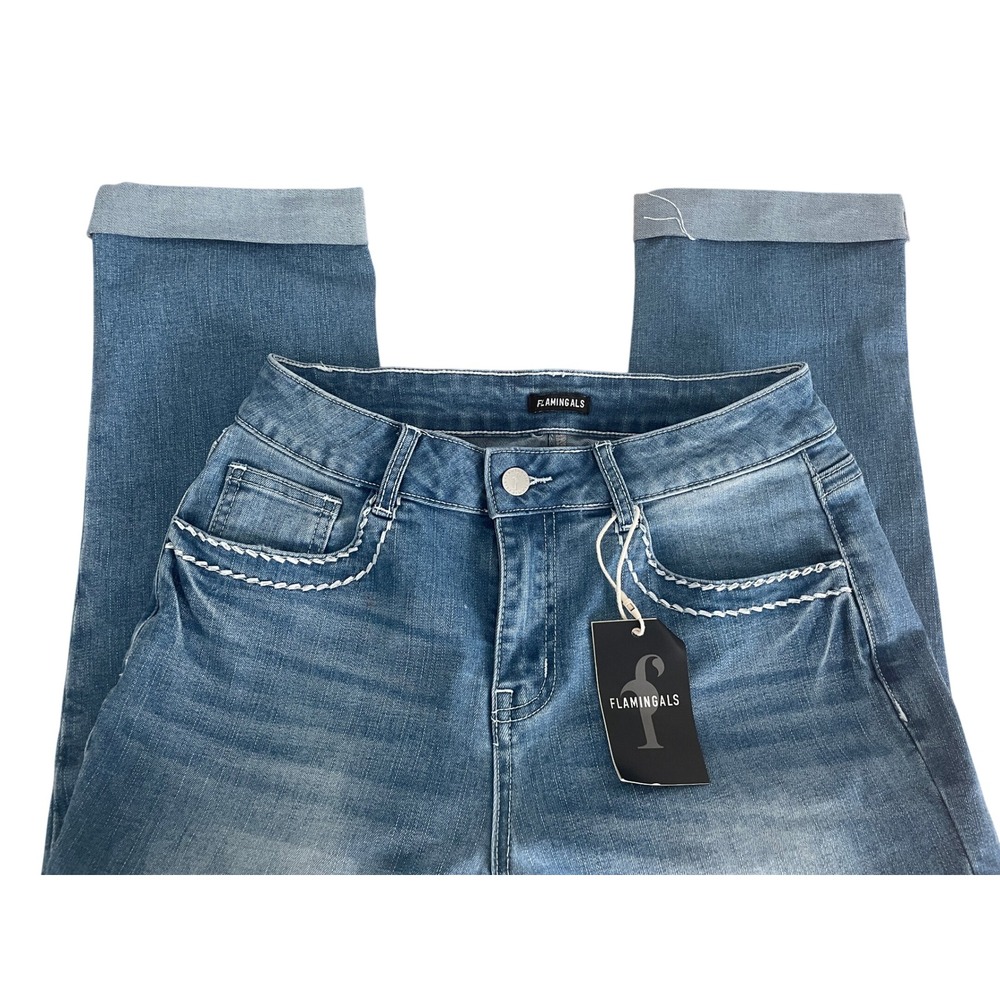 Flamingals Womens Blue Capri Jeans Cuffed White Contrast Stitch Size S NWT